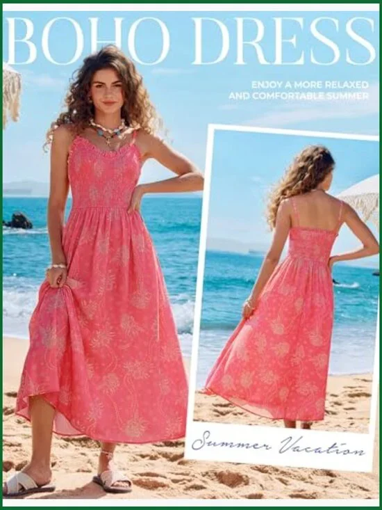 Floral Maxi Dress with Pockets, Spaghetti Strap, Wrinkle-Resistant Polyester - Picture 4 of 7